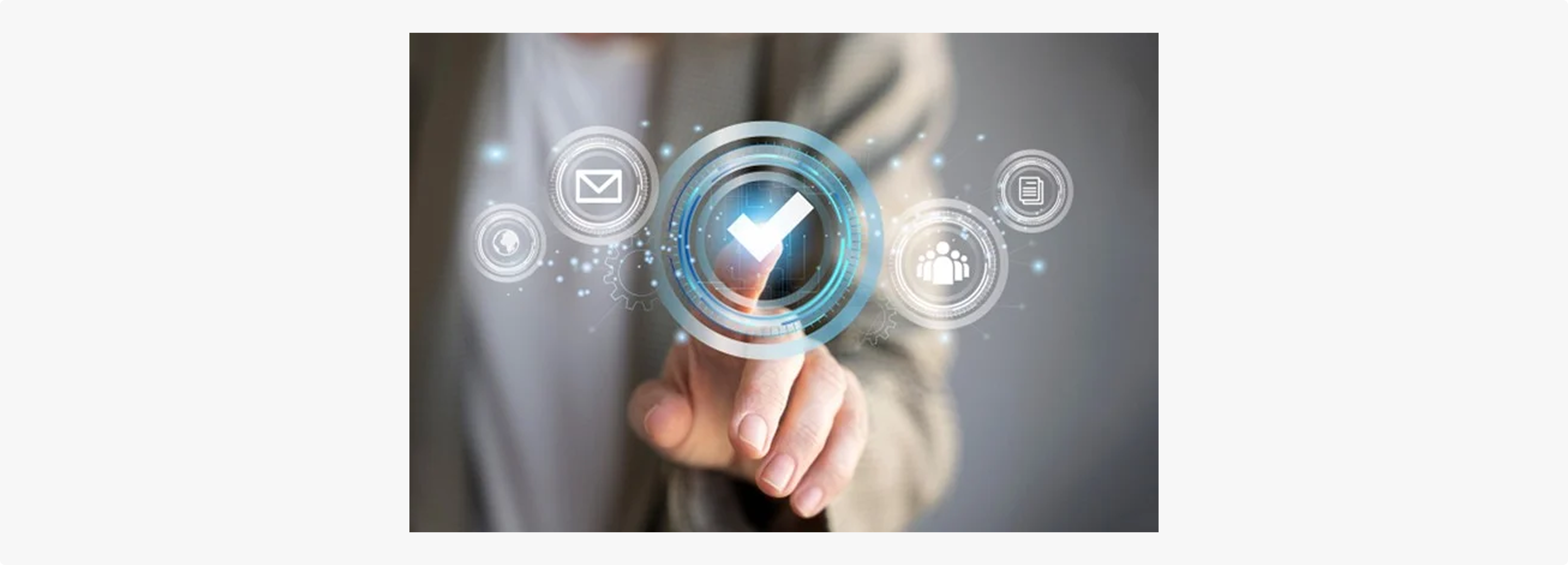 Business professional interacting with a digital checkmark interface and communication icons.