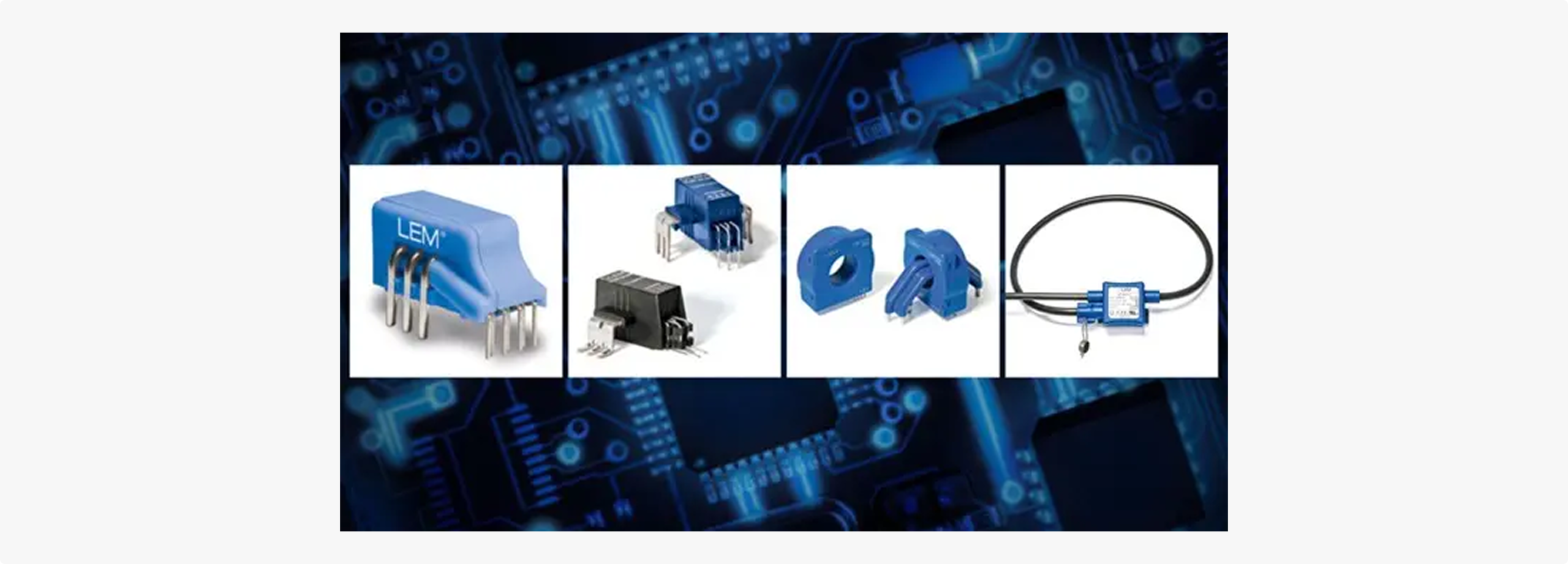 Current sensors and electronic components on a circuit board background.