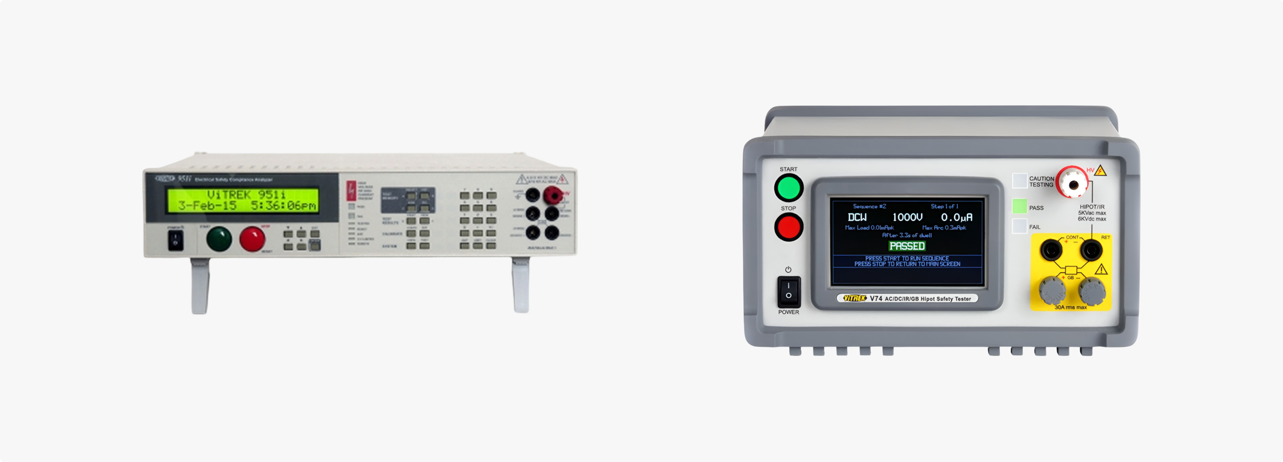 Vitrek electrical safety and hipot testers displayed side by side.
