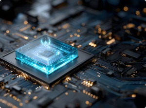Close-up of a glowing blue quantum chip mounted on a computer circuit board.